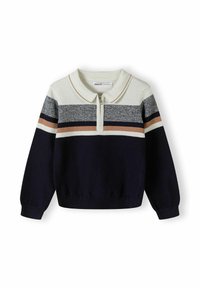 Pletena majica s ovratnikom, u navy, krem i smeškastim prugama, s rebrastim manžetama i rubom, te zatvaranjem na četvrtinu sa zipom.