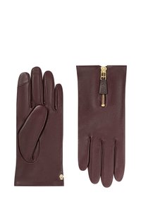 Burgunderfarbene Lederhandschuhe mit glatter Oberfläche, ausgestattet mit einem Reißverschluss und feinen Stickdetails. Kleines Logo am Handgelenk.