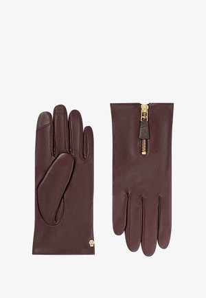 Burgunderfarbene Lederhandschuhe mit glatter Oberfläche, ausgestattet mit einem Reißverschluss und feinen Stickdetails. Kleines Logo am Handgelenk.