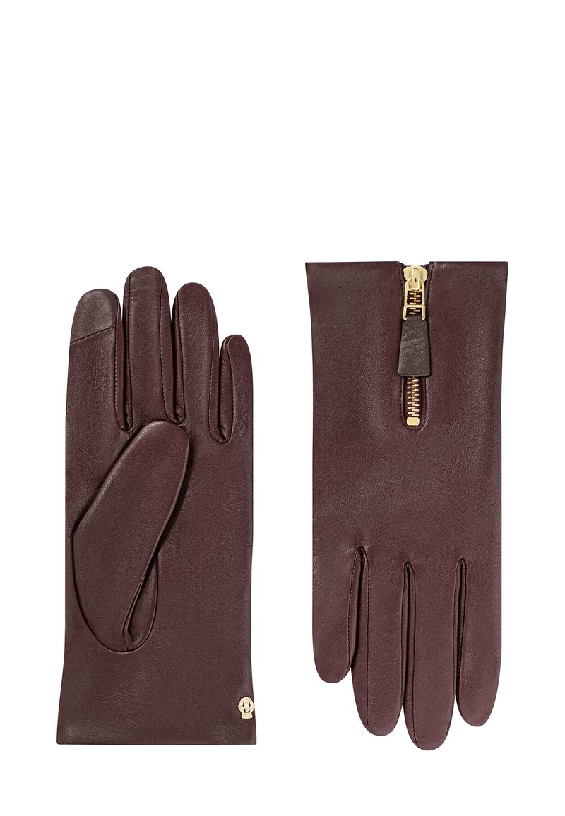 Burgunderfarbene Lederhandschuhe mit glatter Oberfläche, ausgestattet mit einem Reißverschluss und feinen Stickdetails. Kleines Logo am Handgelenk.