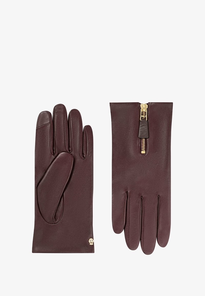 Burgunderfarbene Lederhandschuhe mit glatter Oberfläche, ausgestattet mit einem Reißverschluss und feinen Stickdetails. Kleines Logo am Handgelenk.