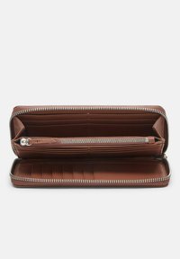 Brown leather wallet, zippered with silver hardware, featuring multiple card slots, a zippered compartment, and a smooth interior texture.