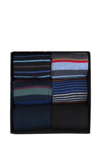 Set di sei calzini in una scatola; presenta design a righe e a tinta unita. I colori includono nero, blu, verde, rosso e grigio. Texture lavorata a maglia morbida.