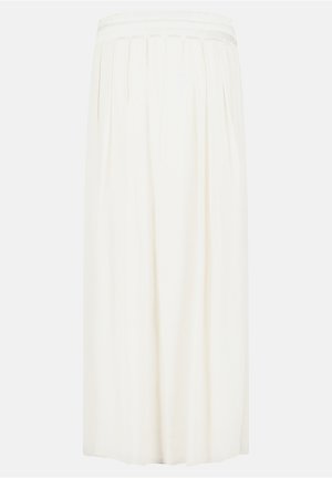 Cremefarbener Midi-Rock mit Faltenwurf, elastischem Bund und einem weichen, leichten Stoff, der eine fließende Silhouette bietet.