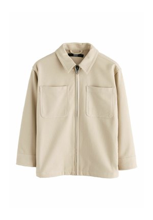 Beige jakke med lynlås, to brystlommer, lange ærmer og krave, lavet af struktureret stof.