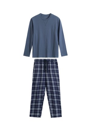 Ciemnoniebieska koszula z długim rękawem o żebrowanej strukturze, w połączeniu z granatowymi spodniami w kratę do piżamy z elastycznym pasem i regulowanym sznurkiem.