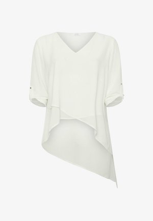 Rentoutunut valkoinen paita, jossa on V-pääntie, lyhyet käärityt hihat ja epäsymmetrinen helma. Pehmeä, kevyt kangas ilman näkyviä kuvioita tai yksityiskohtia.