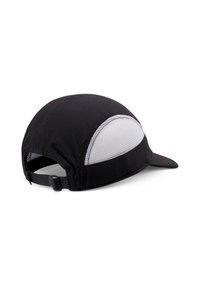 Schwarze Kappe mit einem Mesh-Panel und einem gebogenen Schirm. Verfügt über einen verstellbaren Kunststoffriemen und einen strukturierten Stoff. Akzente sind rote Nähte.