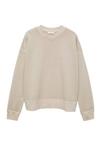 Beige Sweatshirt mit Rundhalsausschnitt aus weichem Stoff. Verfügt über abgesetzte Schultern und gerippte Bündchen. Einfaches, ungeschmücktes Design ohne Muster.