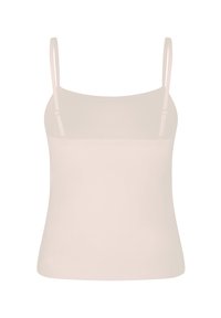 Haut beige sans manches type camisole avec bretelles étroites réglables, encolure droite et silhouette ajustée.