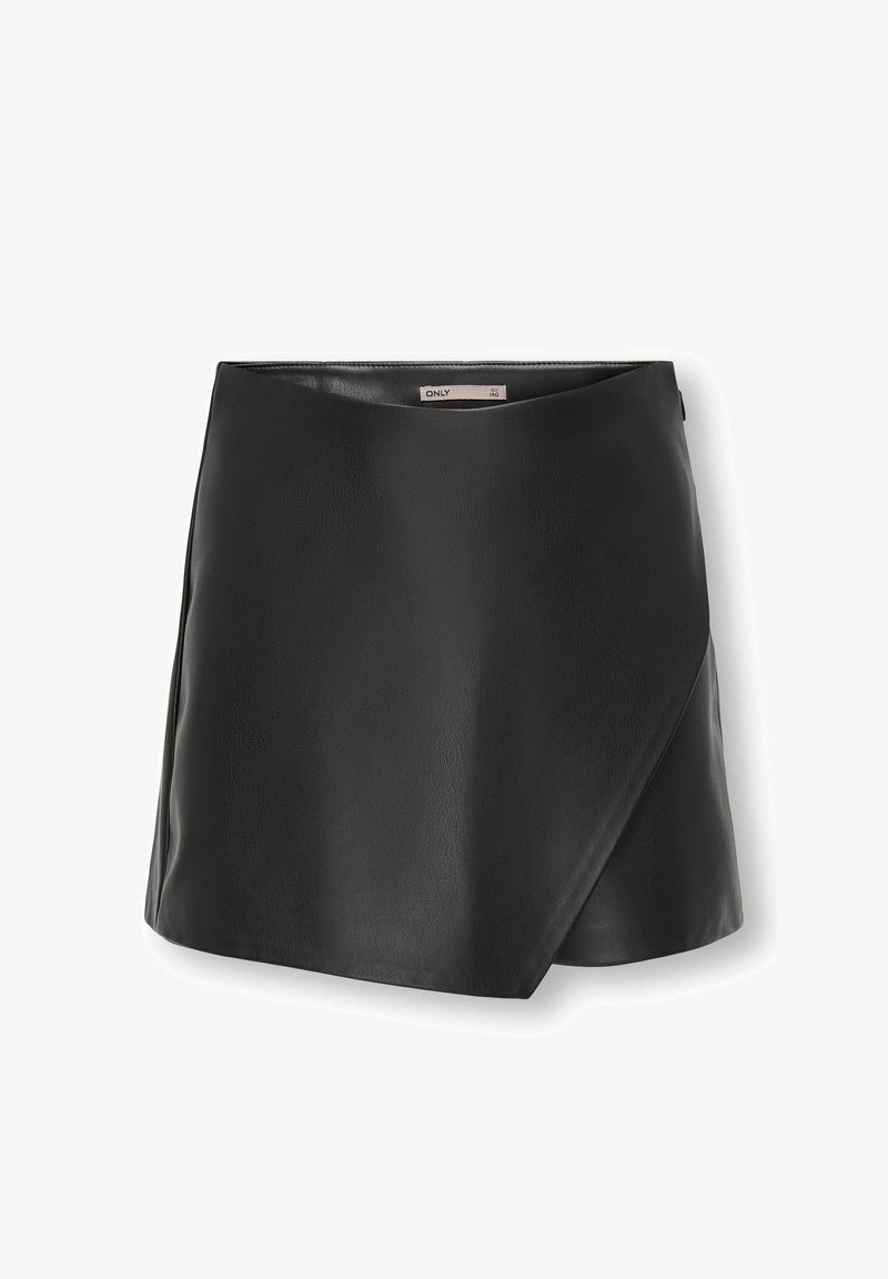 Mini-jupe en cuir synthétique noir avec panneau avant asymétrique et texture lisse, taille indiquée 40, posée à plat sur fond blanc.