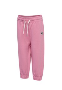 Roze sweatpants van zachte stof, met een elastische tailleband met trekkoord, omgeslagen enkels en een klein geborduurd logo aan de zijkant.