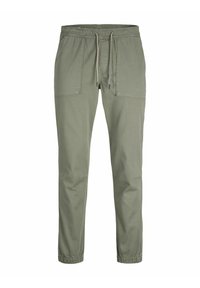 Pantaloni di un verde oliva chiaro con vita elastica e cordino regolabile. Presentano due tasche frontali e caviglie affusolate. Materiale in cotone.