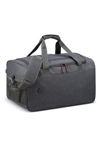 Borsa da viaggio in tessuto grigio con manici doppi, tracolla rimovibile, scomparto principale con zip e tasca laterale in rete. Logo RPET visibile.