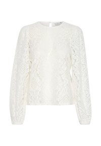White lace long-sleeve top featuring a crew neckline and intricate floral patterns. Includes a back keyhole closure and textured fabric.