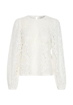 Biała koronkowa bluzka z długim rękawem, z okrągłym dekoltem i misternymi wzorami kwiatowymi. Zawiera zapięcie na plecach w formie okienka oraz fakturowany materiał.