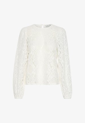 Biała koronkowa bluzka z długim rękawem, z okrągłym dekoltem i misternymi wzorami kwiatowymi. Zawiera zapięcie na plecach w formie okienka oraz fakturowany materiał.