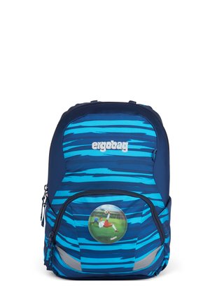 Blue and navy striped backpack with front pocket, "ergobag" logo, and circular soccer player image on the front pocket.