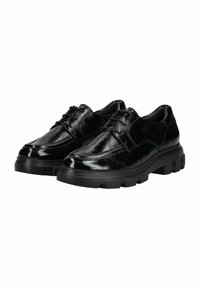 Scarpe in pelle nera con un finish lucido, design stringato, punta rotonda e suole spesse con un pronunciato motivo di battistrada.
