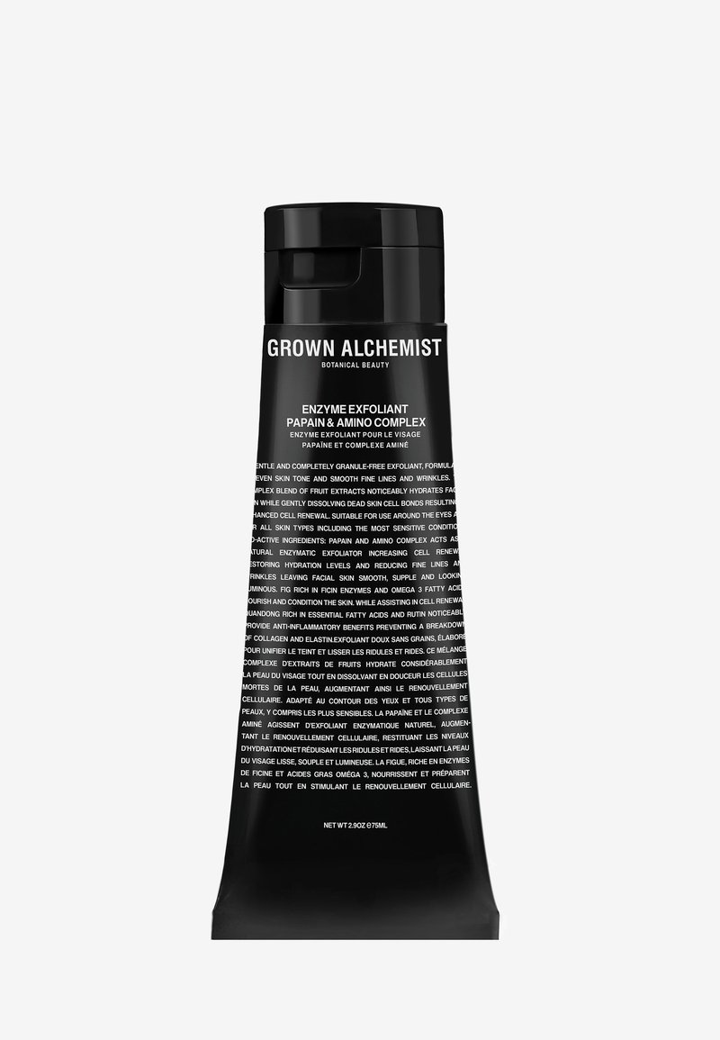 Black tube of Grown Alchemist enzyme exfoliant with white text, featuring a flip-top lid. The product is 87 ml in size and lists ingredients.