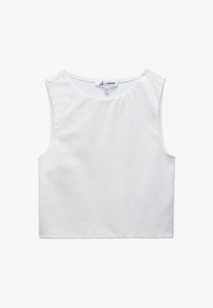 Witte mouwloze cropped top met een ronde halslijn en een zichtbaar merklabel aan de achterkant van de kraag.