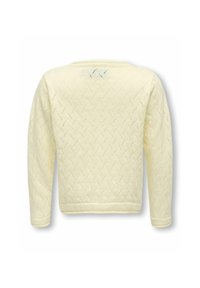 Sweter dzianinowy w jasnym żółtym kolorze z teksturowanym wzorem i długimi rękawami. Okrągły dekolt z kontrastowym wykończeniem przy mankietach i zakończeniu.