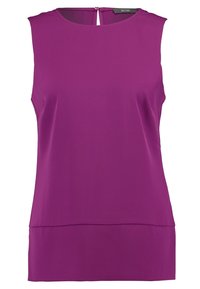 Bezramienna bluzka w intensywnym fioletowym kolorze, wykonana z gładkiego materiału. Posiada okrągły dekolt oraz otwarcie w kształcie dziurki z tyłu z zapięciem na guzik.