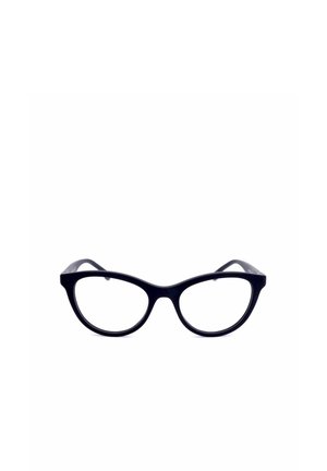 Occhiali da vista neri a forma di occhi di gatto con lenti trasparenti e montature leggermente spesse, su sfondo bianco.