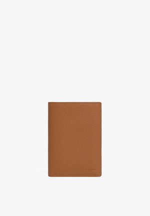 Brown leather passport holder with a textured finish, rectangular shape, and clean edges. Minimalist design with no visible hardware.