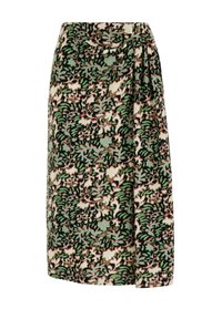 Midi sukně s květinovým vzorem v odstínech zelené, krémové a černé, s volně splývajícím pasem a měkkou texturou.