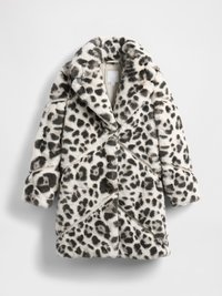 Pelsjakke med leopardmønster i ekte pelsimitation, med dobbelspent design, brede slag og diagonale sømmer i nyanser av svart og krem.