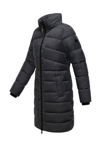 Padded black coat with high collar, full-length zipper, and side pockets. Features ribbed cuffs and horizontal quilted texture.