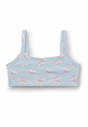 Světle modrý krátký top pro dívky s tenkými ramínky, zdobený malými vzory duhy a mraků po celé látce.