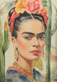 Portret van een vrouw met donker haar, gestyled met rode en gele bloemen, die gouden oorbellen en een kleurrijke blouse draagt, met cactussen op de achtergrond.