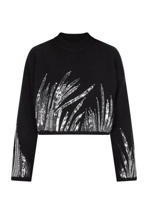 Čierny crop sweatshirt s dlhými rukávmi, ktorý má strieborné flitrové vzory podobné trsu trávy na spodnej časti predného dielu a rukávoch. Mäkkučká textúra.