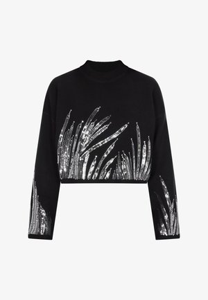 Zwart cropped sweatshirt met lange mouwen, voorzien van zilveren sequin-achtige patronen in gripvorm over de onderste voorkant en mouwen. Zachte textuur.