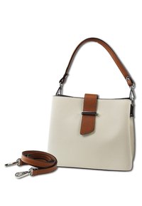 Witte textuur handtas met een bruine leren accentriem en een afneembare bruine riem. Voorzien van een zilveren sluitingdetail.