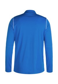 Langarmshirt in helderblauw, gemaakt van gladde stof. Bevat een kraag en witte accentstiksels langs de schouders en mouwen.
