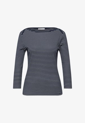 Chemise bleu marine à manches longues avec des rayures horizontales blanches et un col rond.