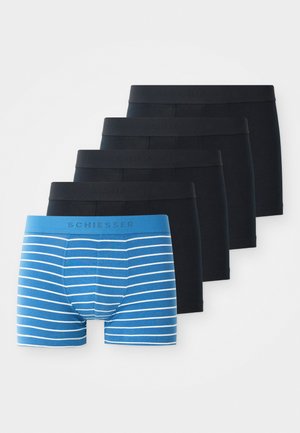 Four pairs of men’s boxer briefs laid out flat, one blue with white stripes in front and three solid black behind.