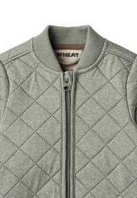 Gewatteerd grijs bomberjack met een ritssluiting aan de voorkant, geribbelde kraag en subtiel diamantenpatroon. Gemaakt van een zachte stof met een gladde textuur.