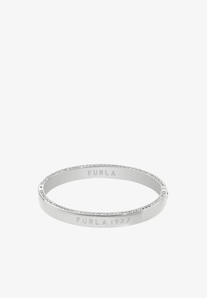 Sølvfarvet armbånd i metal, graveret med "FURLA 1927" og beklædt med små funklende krystaller langs den ydre kant.