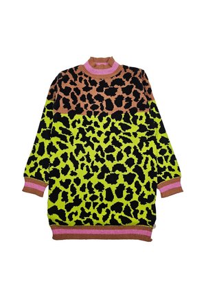 Maglione oversized lavorato a maglia, caratterizzato da un motivo leopardato a blocchi di colore in marrone, nero e verde neon, con collo e polsini a coste in rosa.