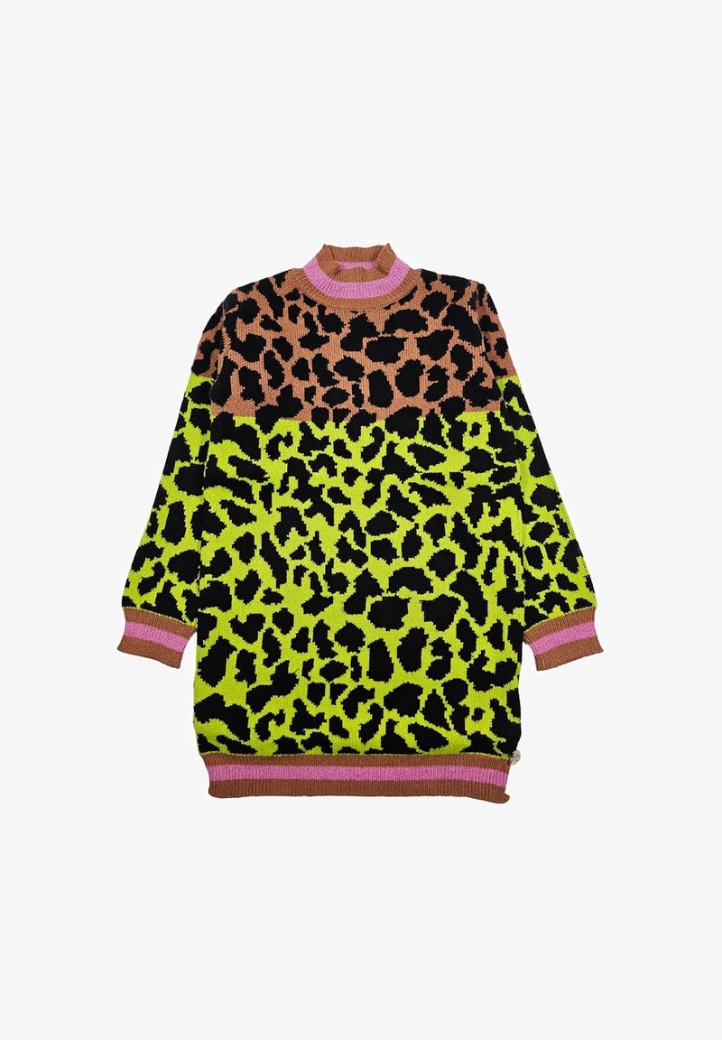 Maglione oversized lavorato a maglia, caratterizzato da un motivo leopardato a blocchi di colore in marrone, nero e verde neon, con collo e polsini a coste in rosa.