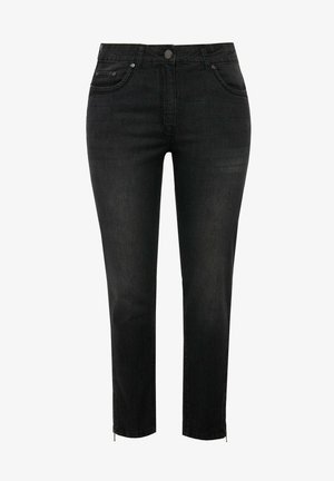 Vaqueros de mezclilla negra con un ajuste Slim, que cuentan con cinco bolsillos, un cierre en los tobillos y un sutil detalle de costura a lo largo de las costuras.