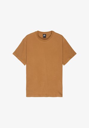 Hnědé bavlněné tričko s kulatým výstřihem a krátkými rukávy. Má standardní střih a měkkou texturu. Bez viditelných vzorů nebo akcentů.