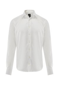 Weißes Langarmhemd mit spitzem Kragen, sieben Knöpfen vorne und knöpfbaren Manschetten, gefertigt aus glattem, leichtem Stoff.