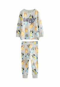 Grå pyjamas sæt bestående af en langærmet bluse og bukser, prydet med farverige tegneserie hunde karakterer. Fremstillet af blødt, strækbart stof.
