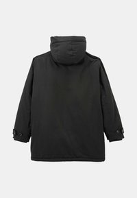 Parka imperméable noire avec capuche, à manches longues, poignets à boutons et texture unie. Aucun motif ni accent visible.