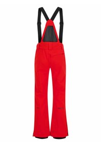 Rode sneeuwbroek met zwarte verstelbare bretels, voorzien van een waterdicht ontwerp, brede pijpen en ritssluitingen bij de enkels.